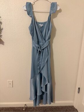 New York & Company Dusty Blue Ruffle Wrap High-Low Dress